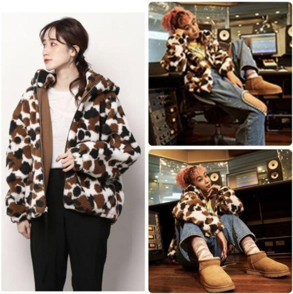 UGG Olympia Faux Shearling Hooded Jacket Cow Print - Picture 1 of 8